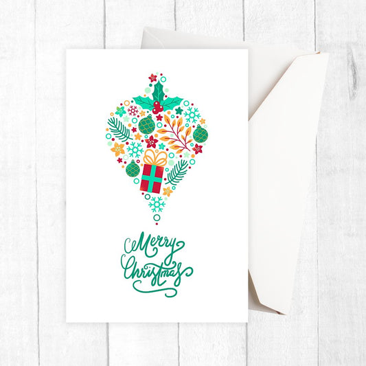 Colorful Christmas-themed card with decorative elements on a white background. MINIMALIST BAUBLE CHRISTMAS CARD