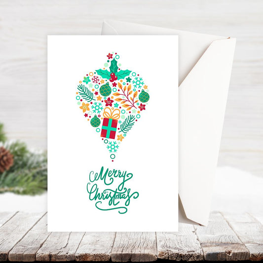 Christmas card with colorful design and 'Merry Christmas' text on a white background. MINIMALIST BAUBLE CHRISTMAS CARD