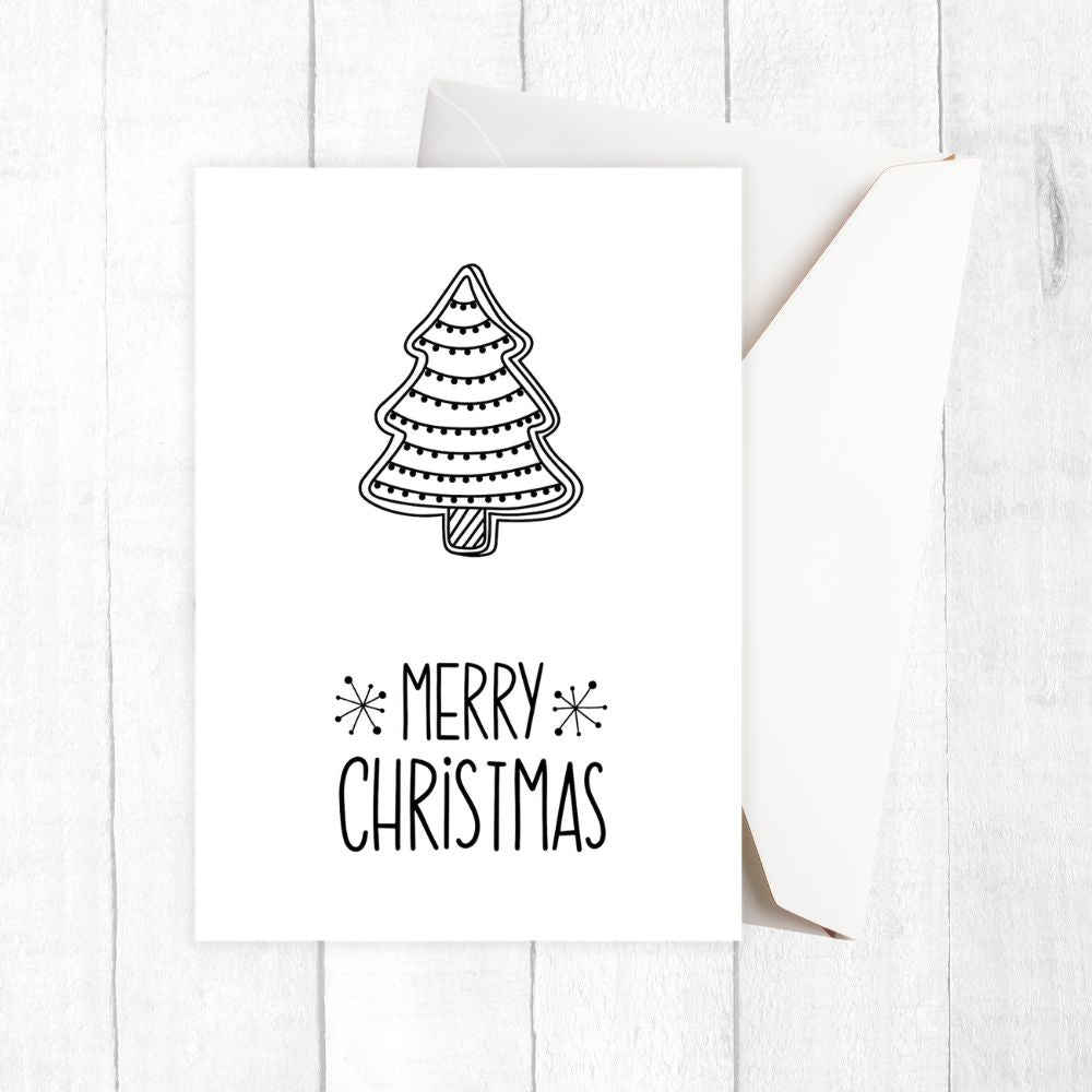 Black and white Christmas card with a tree design and 'Merry Christmas' text on a white background. MINIMALIST TREE CHRISTMAS CARD