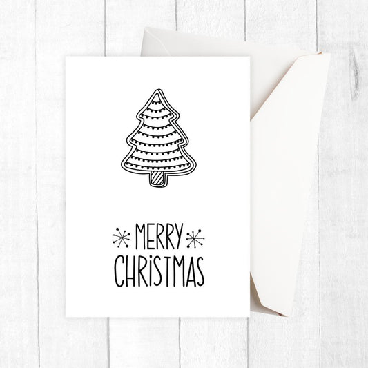 Black and white Christmas card with a tree design and 'Merry Christmas' text on a white background. MINIMALIST TREE CHRISTMAS CARD