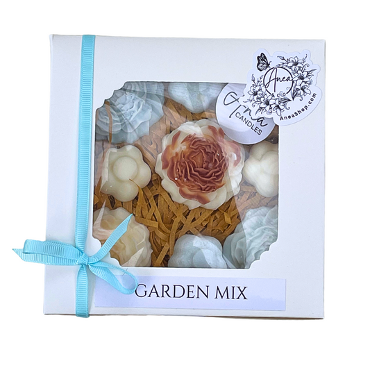 Box of 'Garden Mix' soap flowers with a blue ribbon on a white background. MIX FLOWERS WAX MELTS GIFT BOX 2