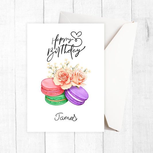 Personalised Birthday card with colorful macarons and flowers on a white background