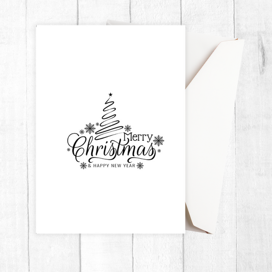 Framed artwork with 'Merry Christmas' and 'Happy New Year' text on a white wall.Minimalist Christmas Card