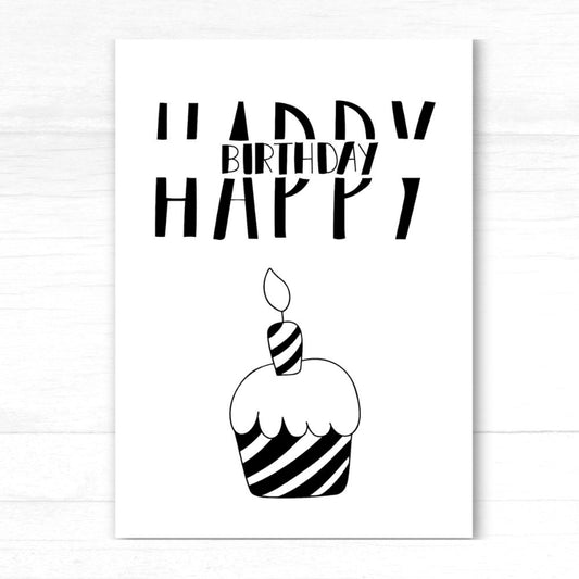 Black and white birthday card with 'Happy Birthday' text and a cupcake illustration. Minimalist Cupcake Birthday Card