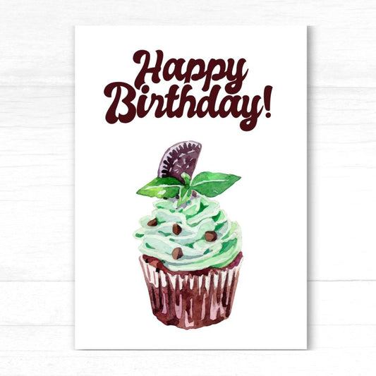 Birthday card with a cupcake and 'Happy Birthday!' text on a white background. Mint Chocolate Birthday Card