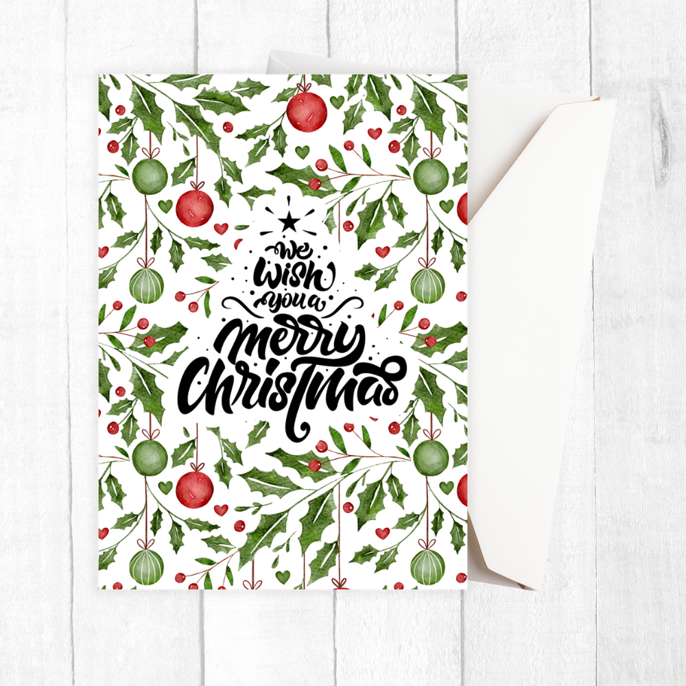 Christmas-themed card with holly leaves and berries on a white background. Mistletoe Christmas Card
