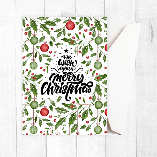 Christmas-themed card with holly leaves and berries on a white background. Mistletoe Christmas Card
