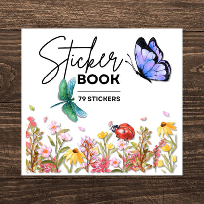 Sticker book cover with butterflies and flowers on a wooden surface. NATURE STICKER BOOK