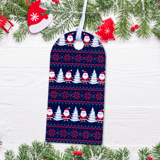 Decorative Christmas tag with festive pattern on a white background with greenery. Navy Sweater Christmas Gift Tag Set