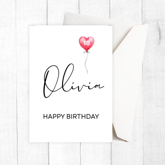 Birthday card with 'Olivia' and 'Happy Birthday' text, featuring a pink balloon on a white background.