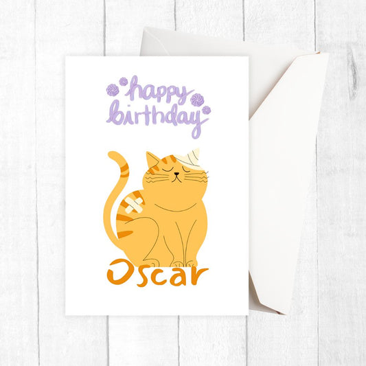 Birthday card with a cat illustration and 'Happy Birthday Oscar' text on a white background. Orange Cat Birthday Personalised Card
