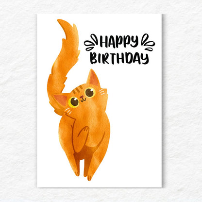 Illustration of a cat with 'Happy Birthday' text on a white background. Orange Cat Happy Birthday Card