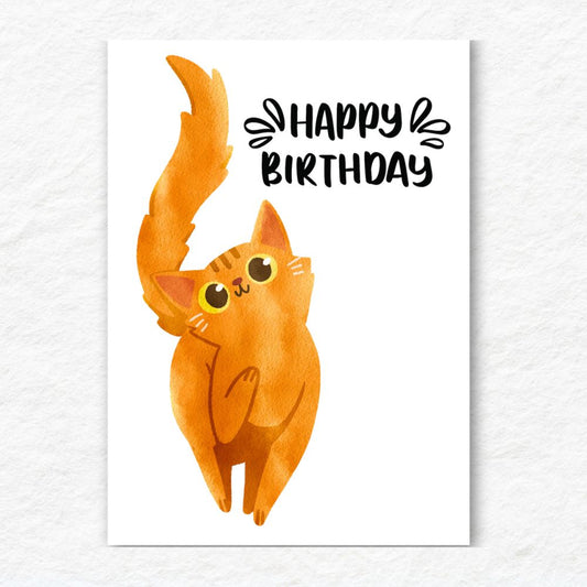 Illustration of a cat with 'Happy Birthday' text on a white background. Orange Cat Happy Birthday Card