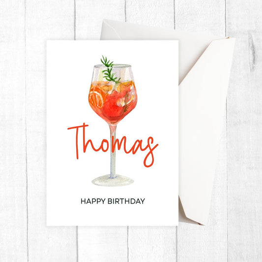 Personalised Greeting card with a wine glass illustration and 'Happy Birthday' text on a white background