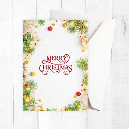 Christmas card with decorative border and 'Merry Christmas' text on a white background. Ornaments Christmas Card