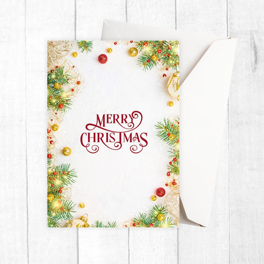 Christmas card with decorative border and 'Merry Christmas' text on a white background. Ornaments Christmas Card