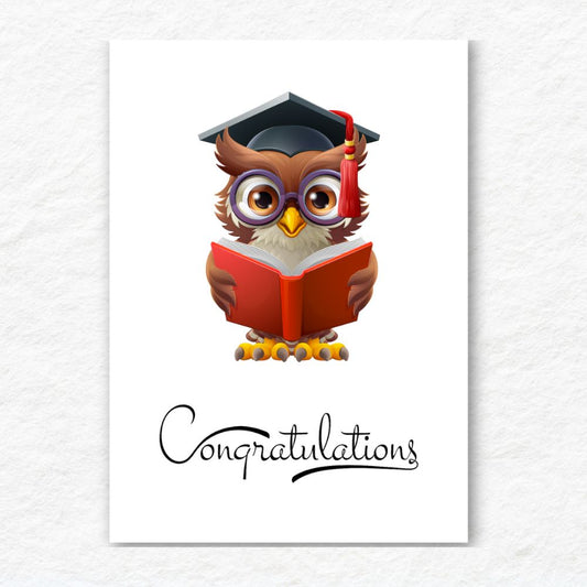 Graduation-themed card with an owl wearing a cap and holding a book, on a white background. Owl Reading Congratulations Graduation Card