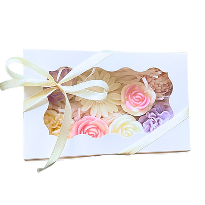 Decorative box with floral designs and a ribbon on a white background. PASTEL FLOWERS GARDEN WAX MELTS GIFT BOX