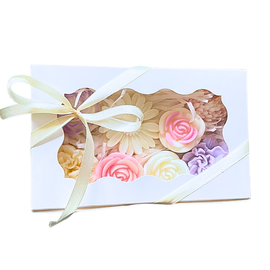 Decorative box with floral designs and a ribbon on a white background. PASTEL FLOWERS GARDEN WAX MELTS GIFT BOX