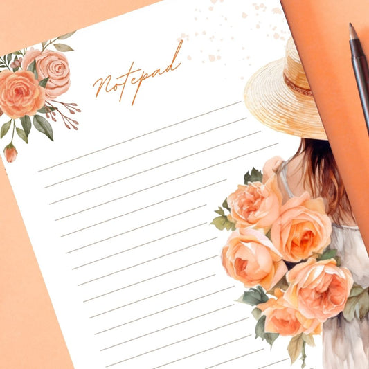 Notepad with floral design and a woman holding flowers on a peach background. PEACH ROSES DESIGN A6 NOTEPAD