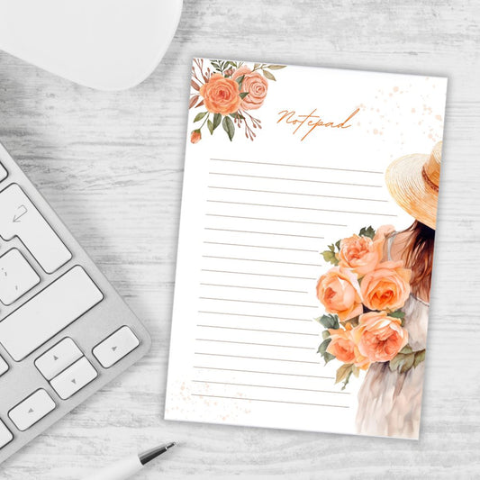 Peach Roses girl-themed A6 notepad with 50 matte pages and elegant floral design.PEACH ROSES DESIGN A6 NOTEPAD
