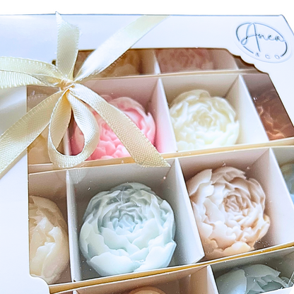 Set of floral WAX MELTSbars in a decorative box with a ribbon, branded 'Ameri Soap'. PEONIES WAX MELTS GIFT BOX