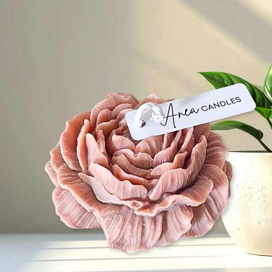 Pink floral candle with 'Aria Candles' tag on a neutral background. PEONY CHRISTMAS SPICE CANDLE
