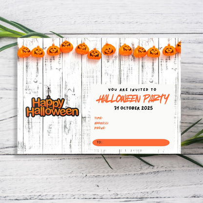 Halloween party invitation card with pumpkins on a wooden background. PUMPKIN HALLOWEEN PARTY INVITATION