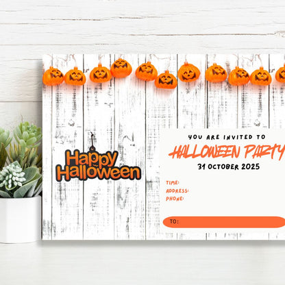 Halloween party invitation with pumpkins on a wooden background. PUMPKIN HALLOWEEN PARTY INVITATION