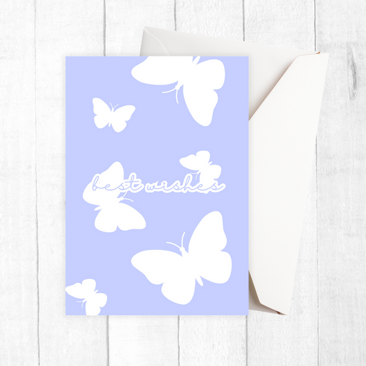 PURPLE Butterflies Best Wishes Greeting Card with white butterflies and 'best wishes' text on a pastel PURPLE background. 