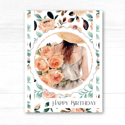 Birthday card with floral design and photo of a woman wearing a hat. Peach Flowers Happy Birthday Card