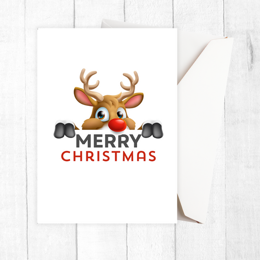 Cartoon reindeer face with 'Merry Christmas' text on a white background. Peeking Reindeer Christmas Card