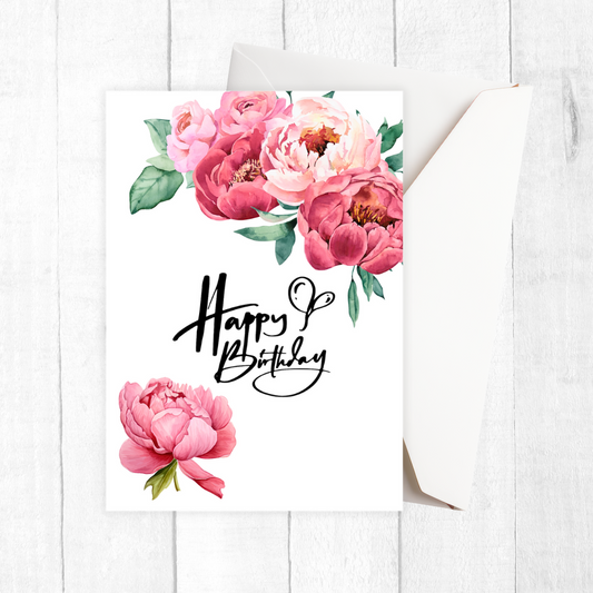 Greeting card with pink flowers and 'Happy Birthday' text on a white background