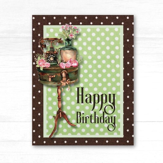 Vintage-style birthday card with a polka dot border and decorative elements on a white background. Phone Vintage Happy Birthday Card