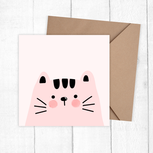Card with a pink cat face design on a white background birthday card