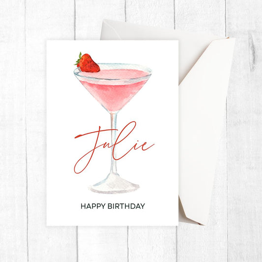 Personalised Birthday card with a pink cocktail and strawberry on a white background
