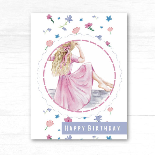Birthday card with a fairy in a pink dress surrounded by flowers on a white background. Pink Girl Happy Birthday Card