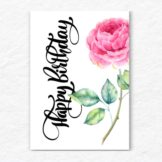 Poster with 'Happy Birthday' text and a pink rose on a white background. Pink Rose Happy Birthday Card