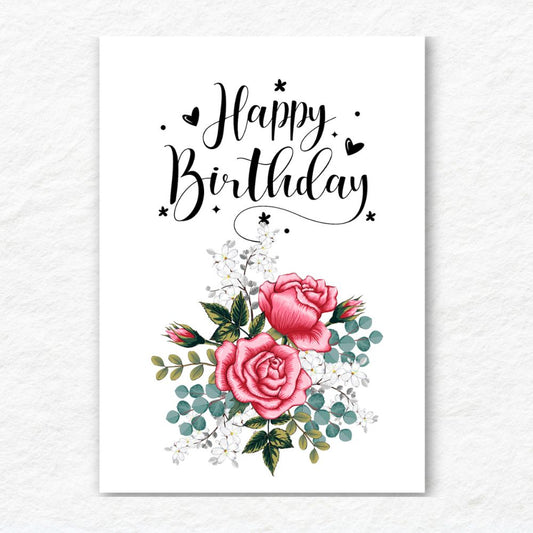 Poster with 'Happy Birthday' text and pink roses on a white background. Pink Roses Happy Birthday Card