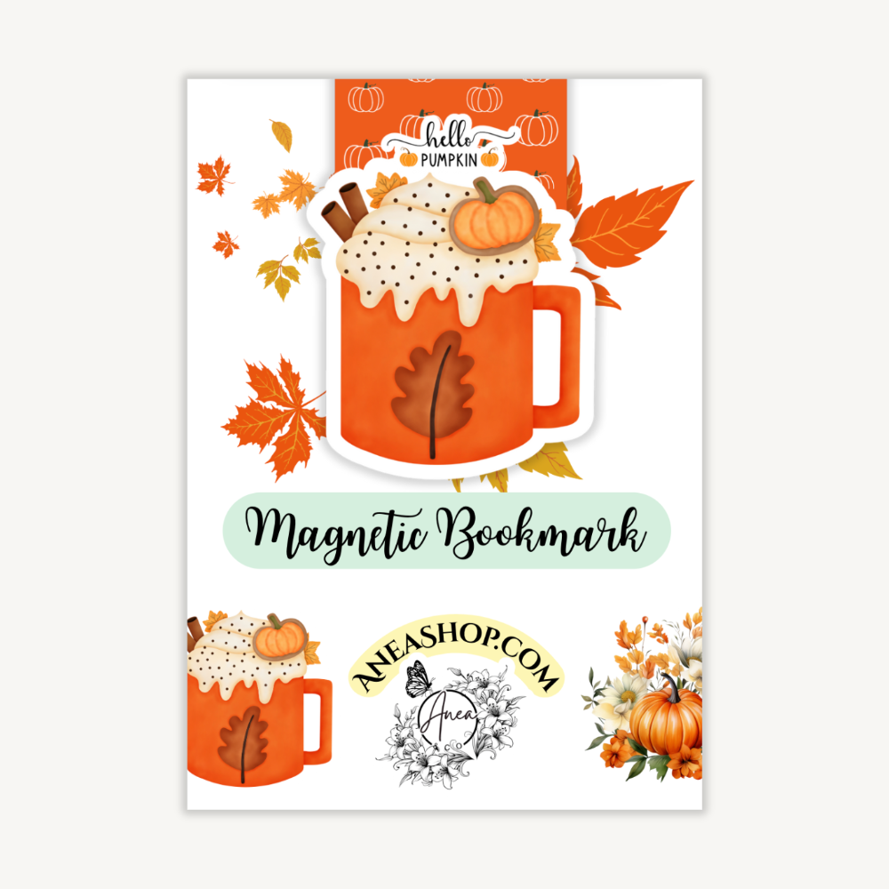 Magnetic bookmark with autumn design featuring a mug, pumpkins, and leaves on a white background.Pumpkin Latte Magnetic Bookmark