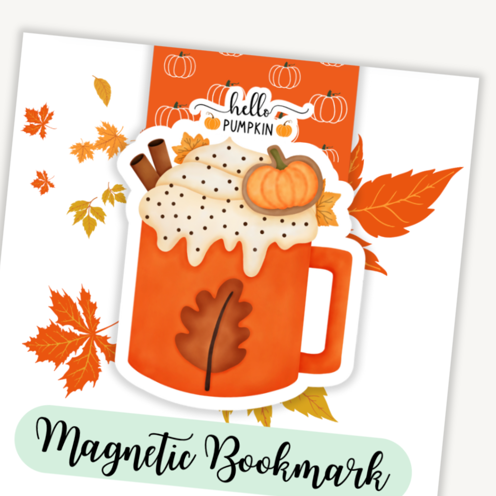 Magnetic bookmark with pumpkin spice latte design on a white background. Pumpkin Latte Magnetic Bookmark