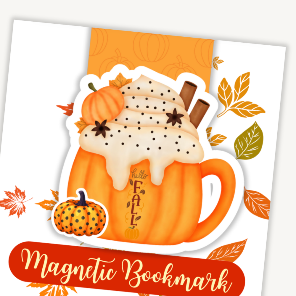 Magnetic bookmark with a pumpkin spice latte design on an orange background.Pumpkin Spice Magnetic Bookmark