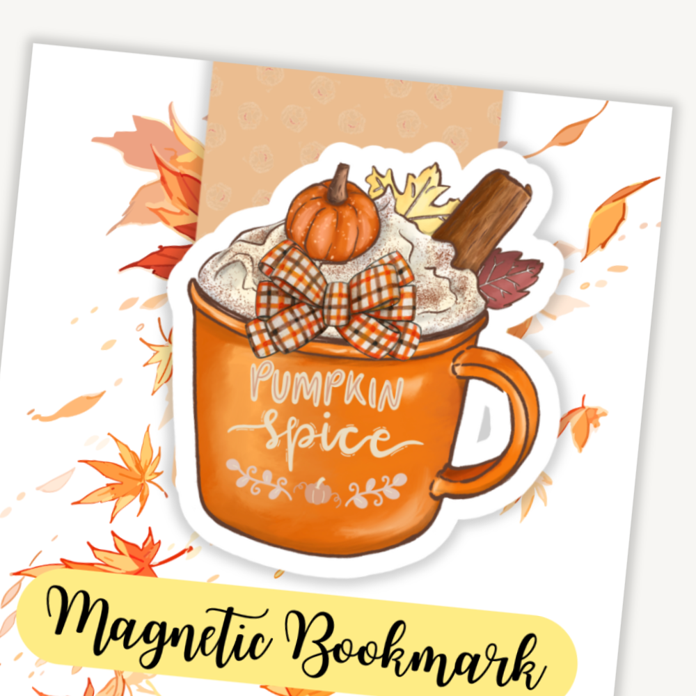 Pumpkin spice-themed magnetic bookmark with fall leaves on a white background. Pumpkin and Cinnamon Magnetic Bookmark
