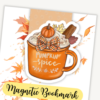 Pumpkin spice-themed magnetic bookmark with fall leaves on a white background. Pumpkin and Cinnamon Magnetic Bookmark