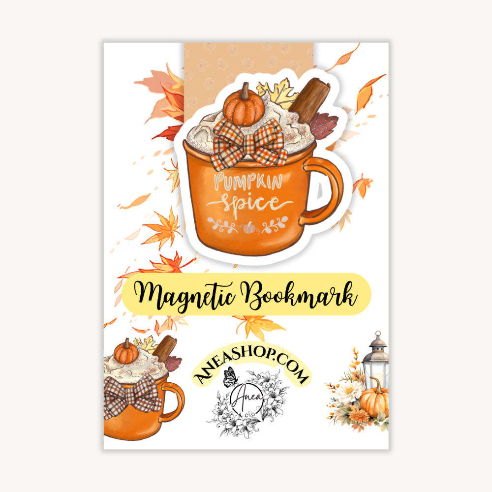 Pumpkin spice-themed magnetic bookmark with fall elements on a white background. Pumpkin and Cinnamon Magnetic Bookmark