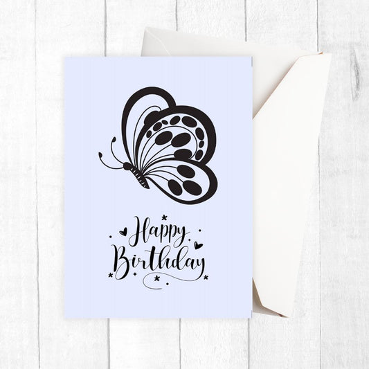 Greeting card with butterfly design and 'Happy Birthday' text on a white background. Purple Butterfly Happy Birthday Card