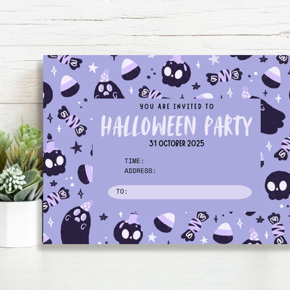 Halloween party invitation card with black and white graphics on a purple background. Purple Halloween Party Invitation