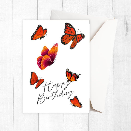 Greeting card with orange butterflies and 'Happy Birthday' text on a white background. Red Butterflies Happy Birthday Card