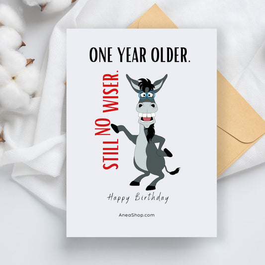 Birthday card with cartoon donkey and text 'One year older, still no wiser' on a white background. Rude Funny Birthday Card