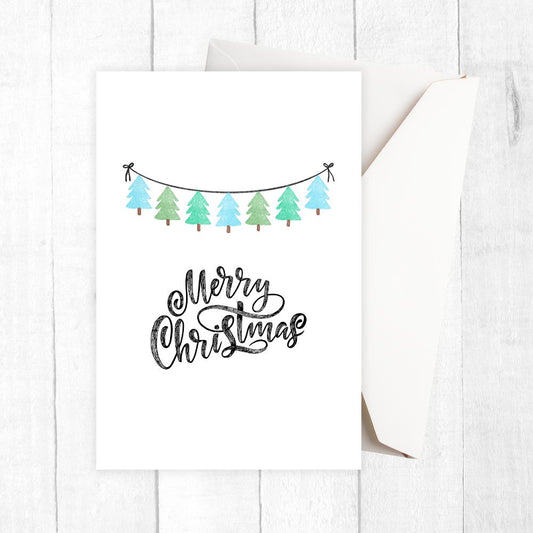 Christmas-themed card with trees and 'Merry Christmas' text on a white background.  SIMPLE CHRISTMAS CARD 